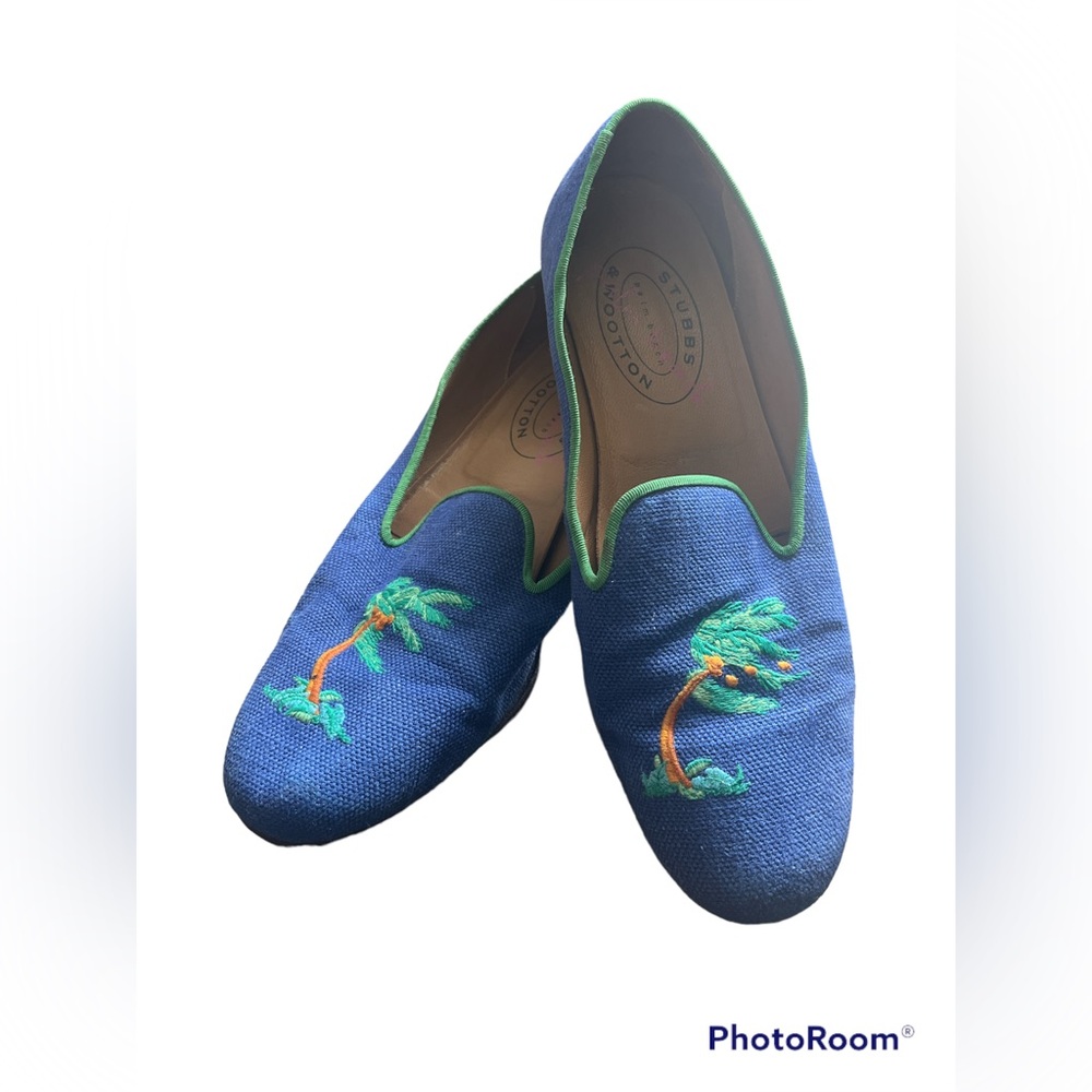 STUBBS & WOOTTON PALM BEACH MENS STORM EMBROIDERED LOAFER SLIPPERS. SZ: 11.5